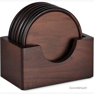 Set of 6 Walnut Wood Coasters with Holder, Tabletop Protection